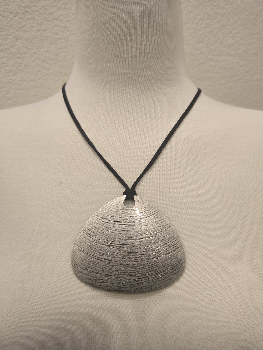 Silver Textured Pendant Necklace with Black Cord - Women Jewelry